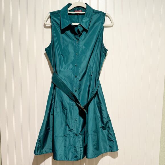 Staud Jolene Belted Taffeta Shirt Dress Coastal Green Size 10 - Picture 2 of 8